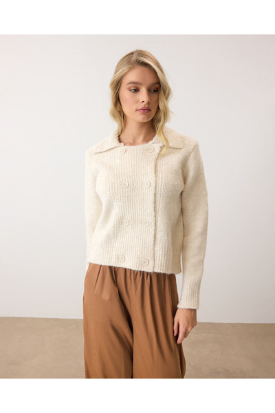 Lusin Women's Ecru Cool Premium Knitwear Cardigan with Button Detail and Stylish Polo Collar Detail