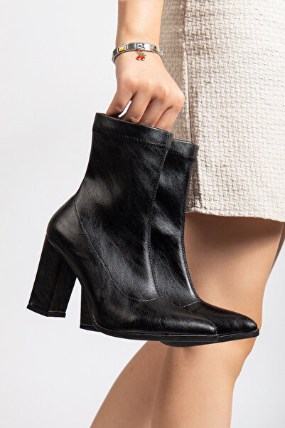 ŞIK STORE Kadın Siyah Streç Kalın Topuklu Fermuarlı Bot Bootie