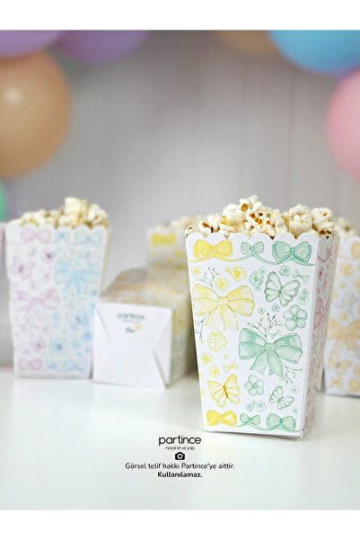 partince Makaron Kelebek Çiçek Fiyonk Tema 8'li Popcorn Patlamış Mısır Kutusu