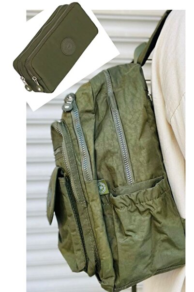 Çanta Trend 2'lİ Set Lüx Krinkıl Kumaş Lise Ve Ortaokul Sırt Çantası + Kalemlik, Maymun Anahtarlık Hediyeli