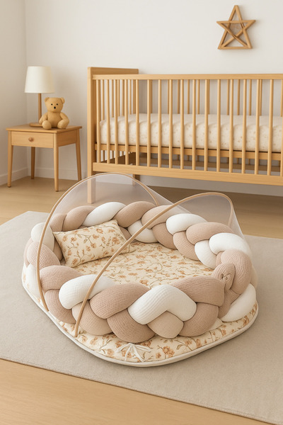JULYA KİDS 3 LÜ Örgü Cibinlikli 60*80 Cm Çiçekli Desen Bebek Yatağı Pike Kumaş  Ortopedik Yastık  Babynest