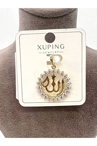 XUPING JEWELRY Allah Lafızlı Zirkon Taş Detaylı Kolye Ucu (14k Gold 2,3x2,3cm)