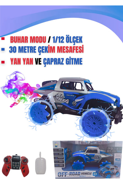 Boratila Toys 2.4Ghz 1:!2 Ölçek Buhar Modlu Yan Yan Ve Çapraz Giden 1200mah Full Fonksiyon Uzaktan Kumandalı Araba