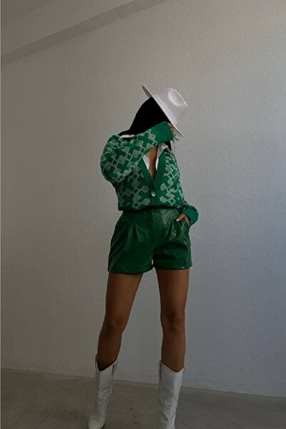 lovebox Women's Patterned Oversize Button Detailed Green Cardigan 6624