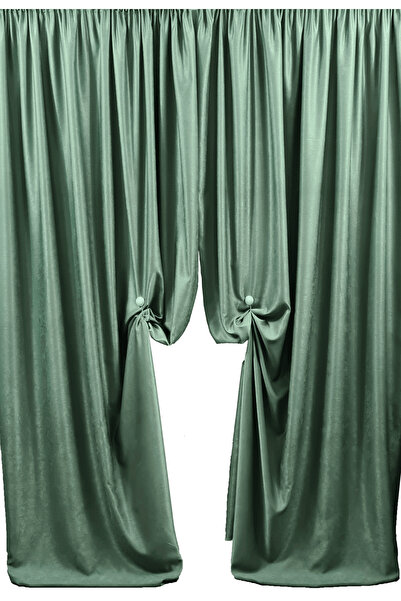 Mastel Set of 2 curtains, green color, velvet pattern, plain