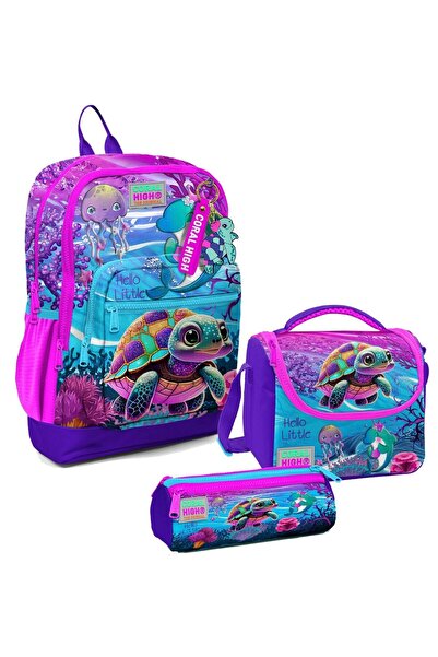 Coral High Σετ Τριπλή Σχολική Τσάντα Δημοτικού Σχολείου Ροζ Μωβ Χελώνα για Κο...