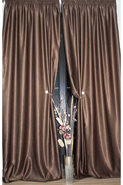 Mastel Set of 2 curtains, brown color, velvety plain pattern