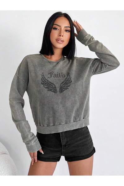 Mood Lab Stone Detailed Washed Cotton Knitted Sweatshirt Anthracite