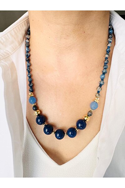 DEVİ fashion Lacivert Doğal Taş Tasarım Kolye 55 Cm