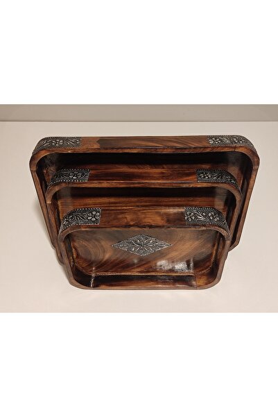 DNC Silver Embroidered Handmade Wooden Tray Set of 3 - Decorative Presentation Tray Serving Tray