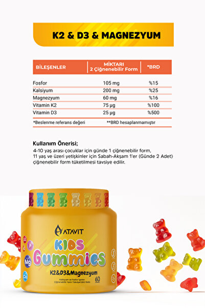 Atavit Omega 3, D3 K2 , Magnezyum Multivitamin Süper 3 lü Gummıes Kıds