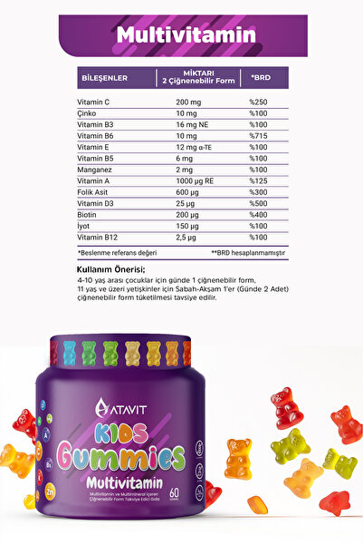 Atavit Omega 3, D3 K2 , Magnezyum Multivitamin Süper 3 lü Gummıes Kıds
