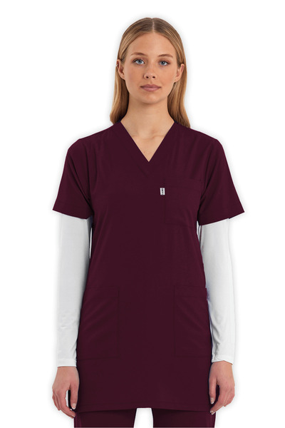 LAME Uniform Tunik Bordo Likralı Hemşire ve Doktor Forması Scrubs Üst