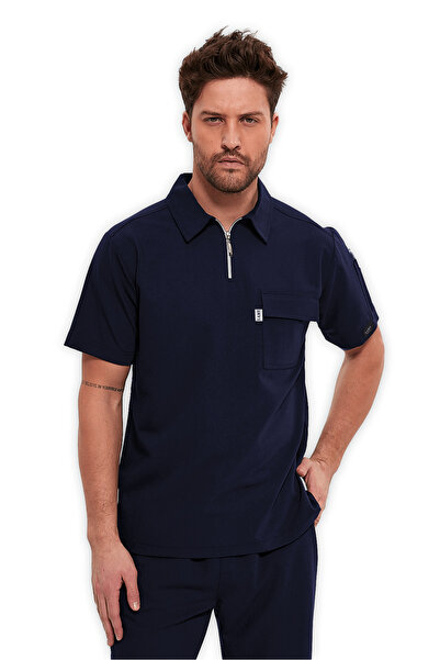 LAME Uniform Erkek Polo Yaka Fermuarlı Lacivert Likralı Hemşire ve Doktor For...