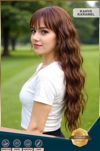 KONAK PERUK Perçemli Uzun Su Dalgası Fiber Sentetik Peruk- Kahve Karamel