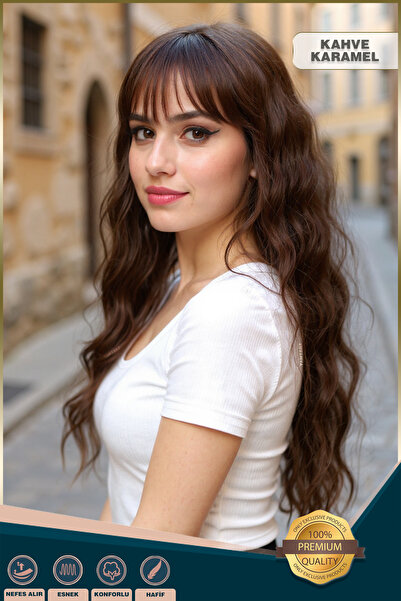 KONAK PERUK Perçemli Uzun Su Dalgası Fiber Sentetik Peruk- Kahve Karamel