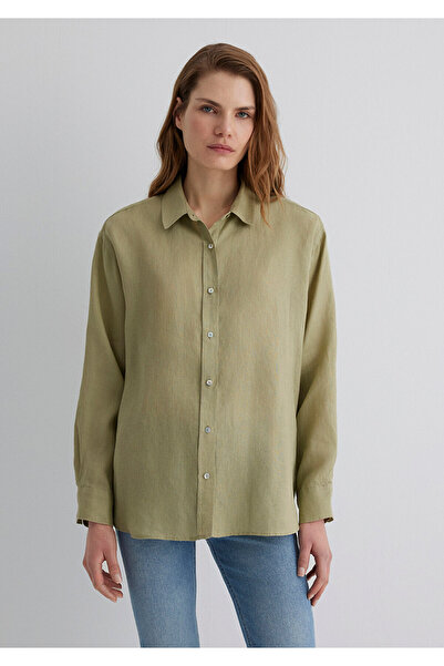 Mavi Yeşil Keten Gömlek Loose Fit / Bol Rahat Kesim 1210747-70333