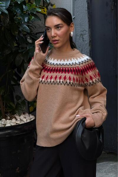 Madmext Mink Color Crew Neck Patterned Women's Knitwear Sweater Mg2502