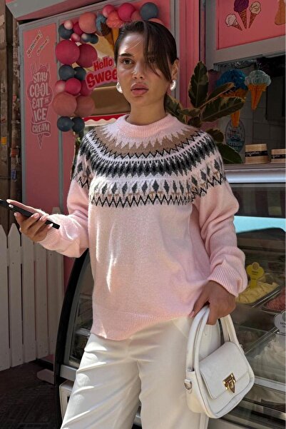Madmext Pink Crew Neck Patterned Women's Knitwear Sweater Mg2502