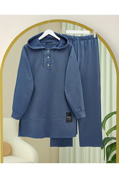 Modamorfo Double Combed Cotton Set with Snap Fastener Detail - Indigo