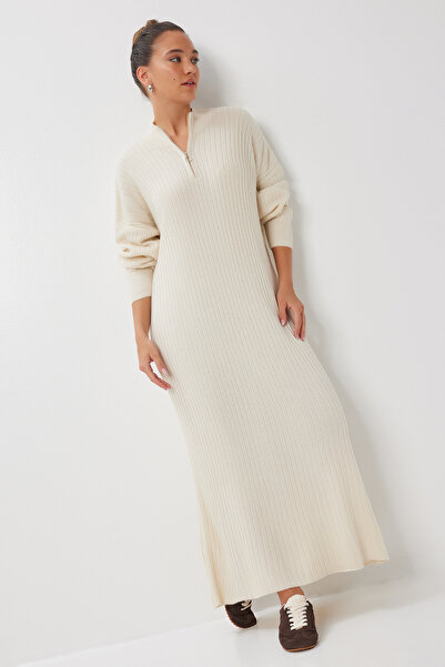 Lovelyİstanbul Fitilli Oversize Triko Elbise Krem Ldd0053