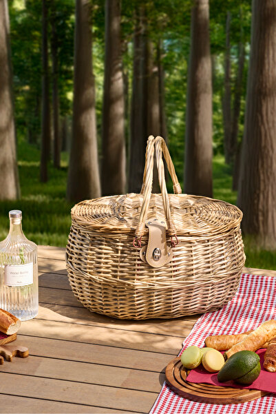 Perotti Cestino Italy 4 Kişilik Hasır, Kırmızı Astarlı Cooler, Aksesuar Sepeti ile Taşınabilir Piknik Sepeti