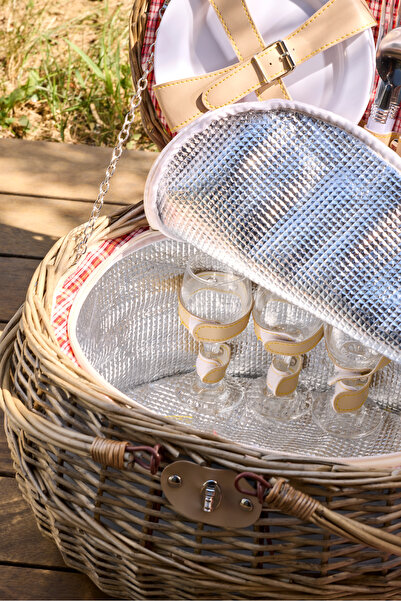 Perotti Cestino Italy 4 Kişilik Hasır, Kırmızı Astarlı Cooler, Aksesuar Sepeti ile Taşınabilir Piknik Sepeti