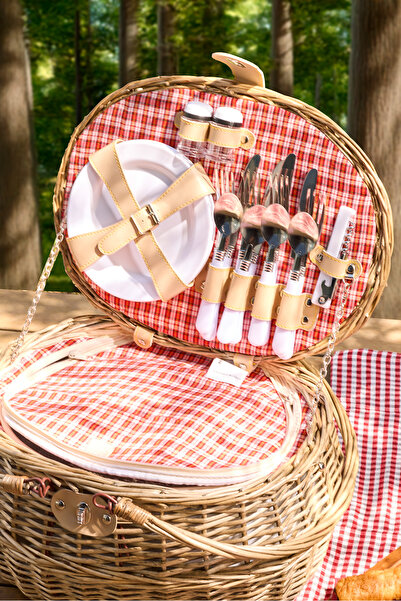 Perotti Cestino Italy 4 Kişilik Hasır, Kırmızı Astarlı Cooler, Aksesuar Sepeti ile Taşınabilir Piknik Sepeti