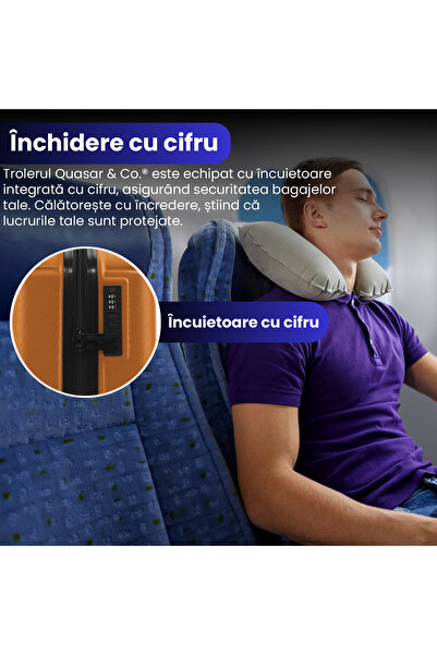 Quasar & Co. Troler cabina,40x30x20cm, bagaj de mana, troller cu cifru, valiza 4 roti detasabile,ABS,SMART,camel