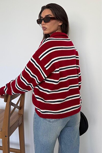 Madmext Kırmızı Polo Yaka Çizgili Kadın Triko Kazak Mg2469