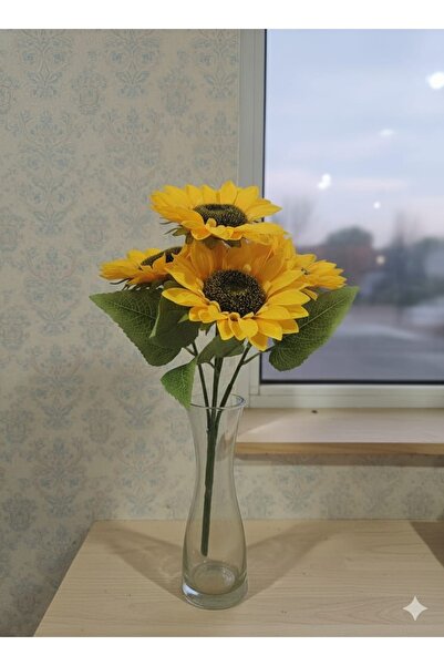 YASİMA 5 Dal Yapay Ayçiçeği 45 cm – Gerçekçi Görünümlü Yaprak Aranjmanlı