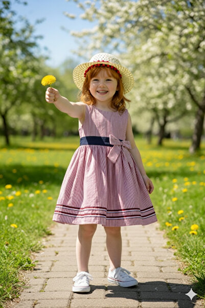 EYMİRGİYİM Rochie pentru fetiță cu fundă de vară cu pălărie de paie, 2 ani, 3...