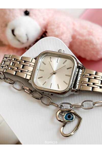 Bonicce Green Dial and Snake Watch in Gift Box - Silver Band with Rhinestones and Heart Bracelet