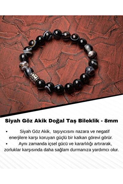 Saff Doğal Taş Siyah Göz Akik Doğal Taş Bileklik - 8mm