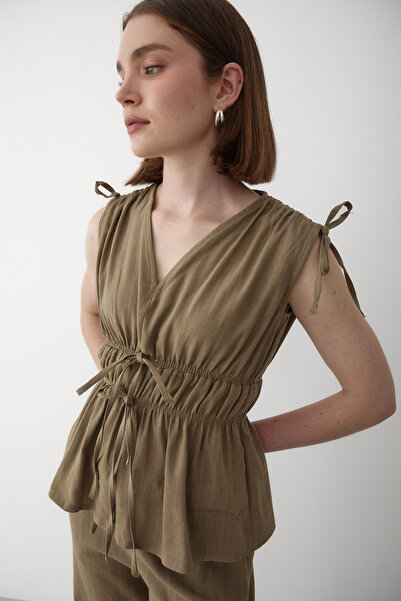 JASTE Kadın Haki Omuz Bel Büzgülü Bluz & Beli Lastikli Pantolon Keten Takım