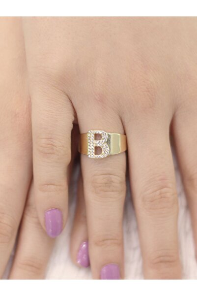Zeynepli gold & jewelry 14 Ayar Altın Büyük B Harfli Taşlı Yüzük