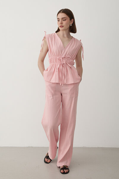 JASTE Kadın Pembe Omuz Bel Büzgülü Bluz & Beli Lastikli Pantolon Keten Takım