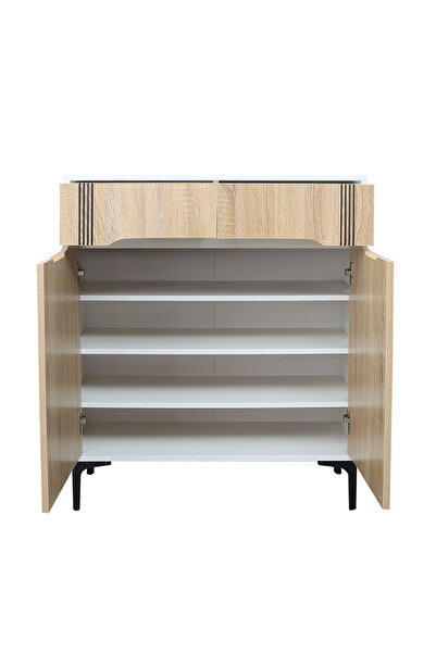 BAITY Two-Door Shoe Cabinet, Malaysian Wood, 4 Shelves and 2 Storage Drawers - White and Wood