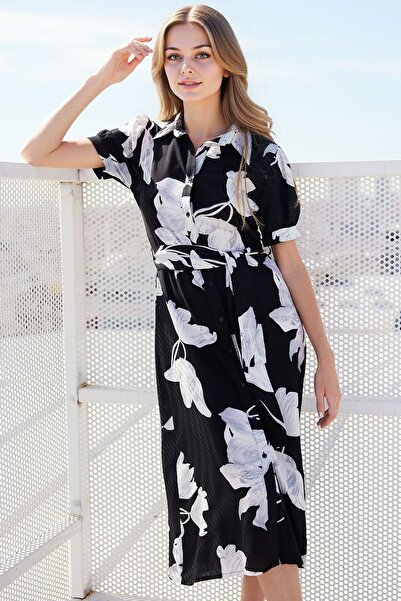 Hiccup Bdart Floral Print Midi Dress with Belt and Shirt Collar