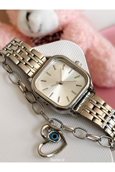 Bonicce Green Dial and Snake Watch in Gift Box - Silver Band with Rhinestones and Heart Bracelet