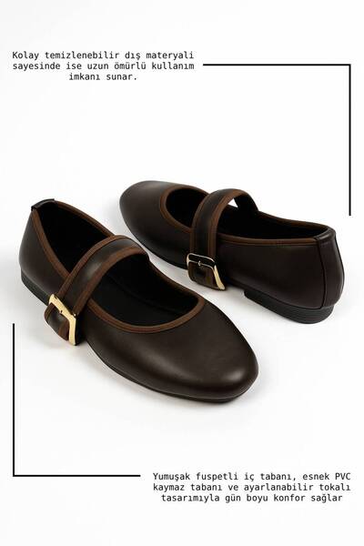 Nstil Daily Women's Bitter Brown Ballerina Oval Toe Buckle Plain Belt Short Heeled Home Business Office Light Shoes 210