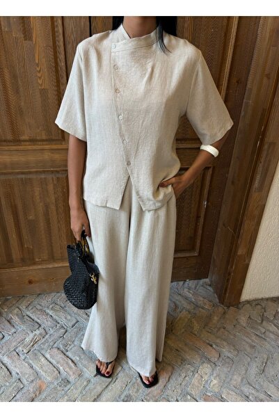 MAUN COLLECTION Set de pantaloni Plazzo cu nasturi încrucișați cu guler domin...