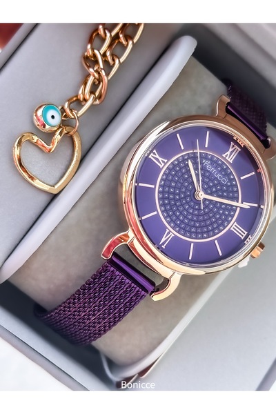 Ferrucci Marka Çelik Kordon, Taşlı Şık Kadran,Su Geçirmez, Mor Renk Kadın Kol Saati+Bileklik
