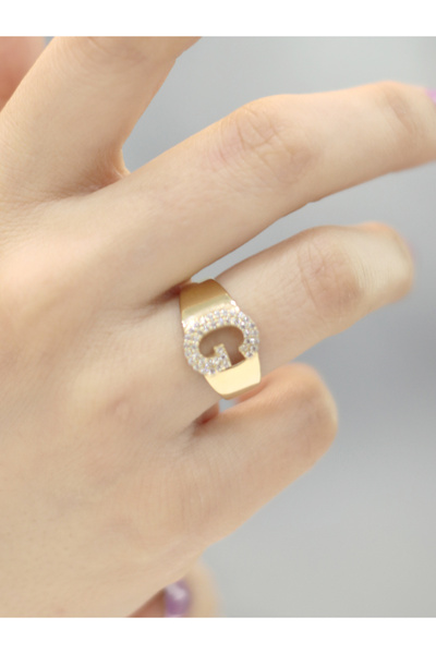 ZEYNEPLİ GOLD 14 Ayar Altın Büyük G Harfli Taşlı Yüzük