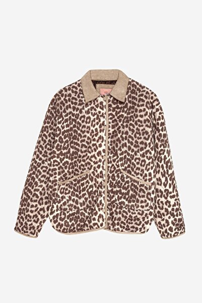 Quzu Leopard Patterned Contrast Collar Quilted Jacket Brown