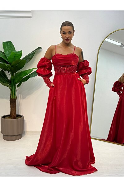 E&A Eren Abiye Askılı Seyyar Kol Boncuk İşlemeli Saten Abiye