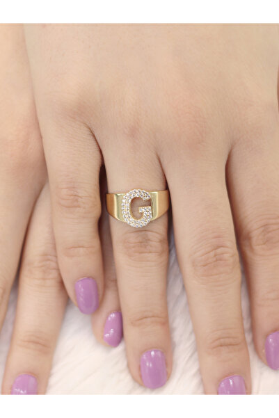 ZEYNEPLİ GOLD 14 Ayar Altın Büyük G Harfli Taşlı Yüzük