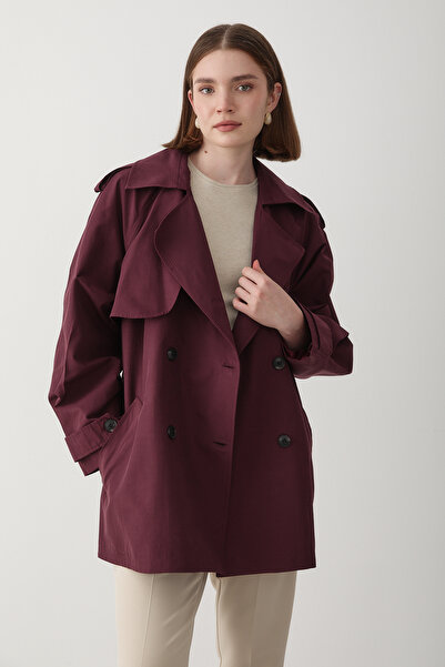 JASTE Kadın Bordo Kruvaze Yaka Astarlı Trençkot