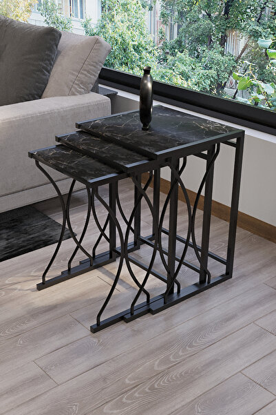 HAUSEV Cosla 3'lü zigon sehpa siyah metal