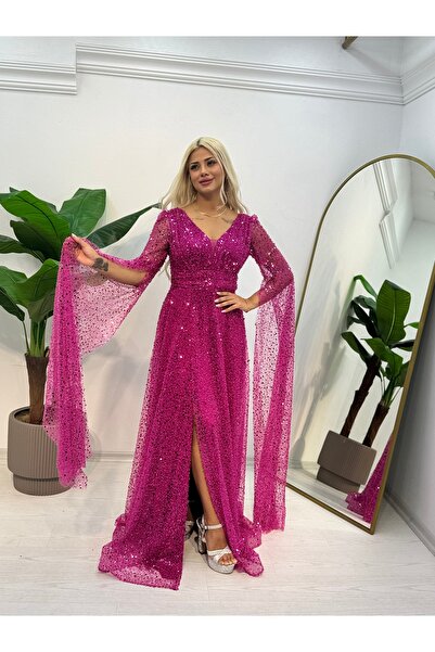 E&A Eren Abiye V Yaka Pelerin Kol Derin Yırtmaçlı Abiye